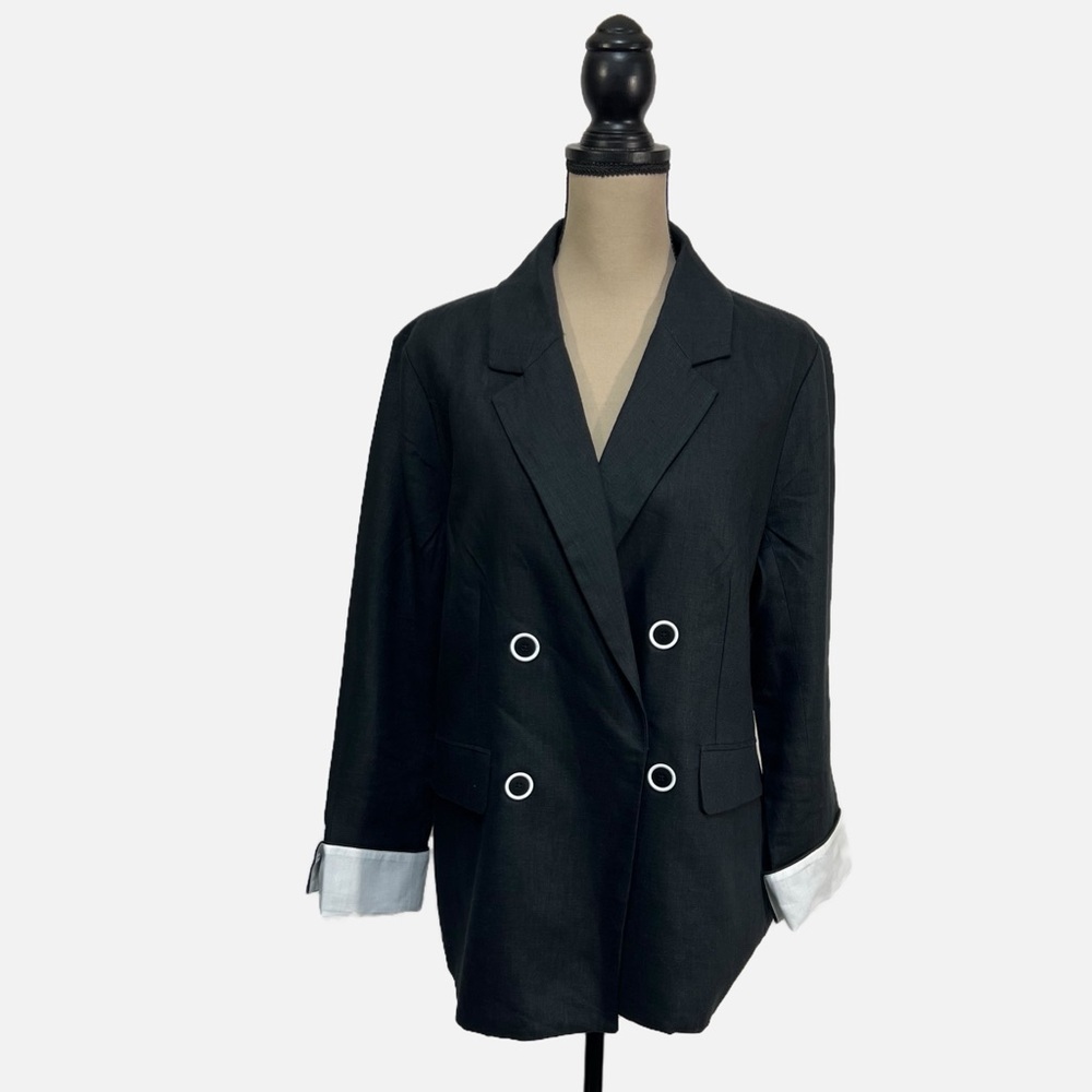 Vintage Neiman Marcus Linen Jacket Black White Notched Lapel Size Large - Picture 3 of 9